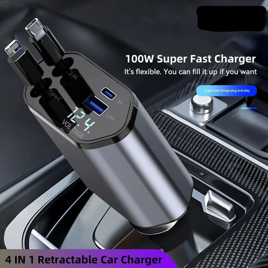 4 IN 1 Retractable Car 100W Charger USB Type C Cable For IPhone & Android