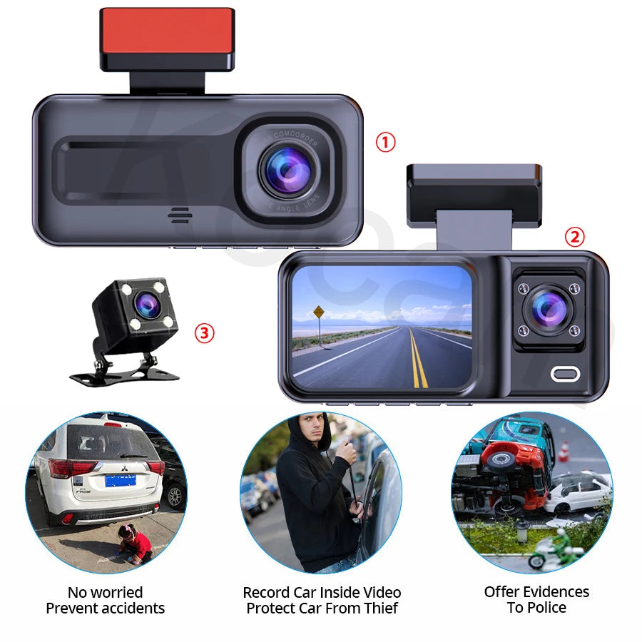 3 Channel Dash Cam for Cars  Black Box 1080P Video Recorder Rear View Camera for Vehicle