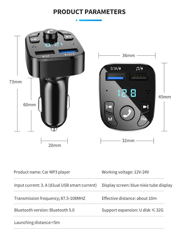 Car Mp3 Player Dual Usb Fast Charger Fm Bluetooth Receiver Bluetooth