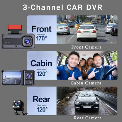 3 Channel Dash Cam for Cars  Black Box 1080P Video Recorder Rear View Camera for Vehicle